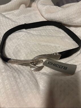 Chico's Black Belt with Silver Sculpted Knot Buckle